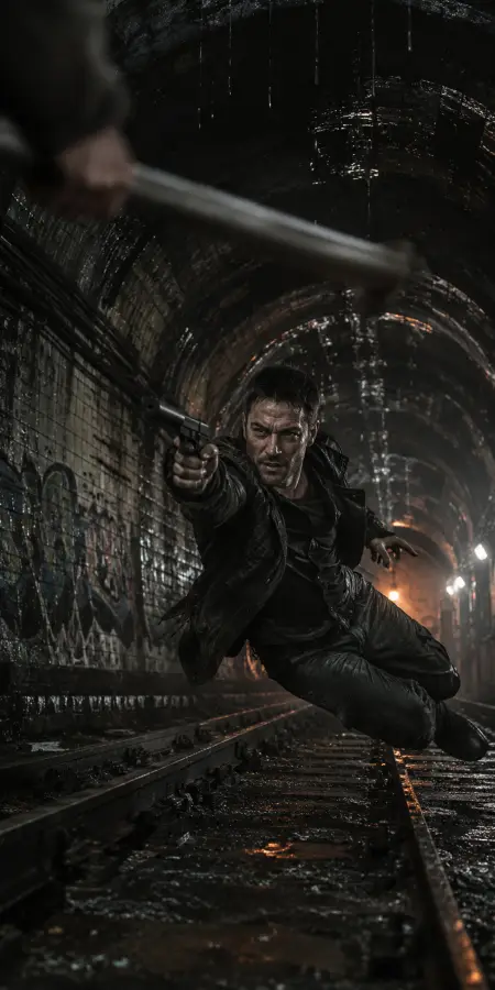Man Leaping With Gun In Underground Tunnel — ue5 phone wallpaper