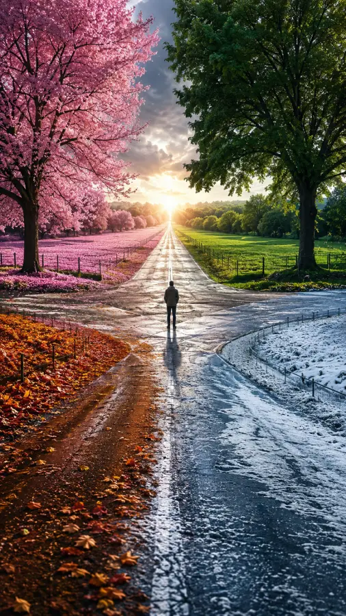 Man Standing At Crossroads Of Four Different Seasons 4K wallpaper for desktop and mobile - Pixbee