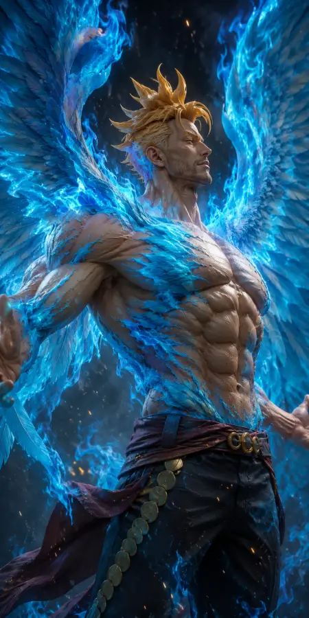 Marco the Phoenix Blue Flame Wings Triumphant Stance 4K wallpaper for desktop and mobile - Pixbee