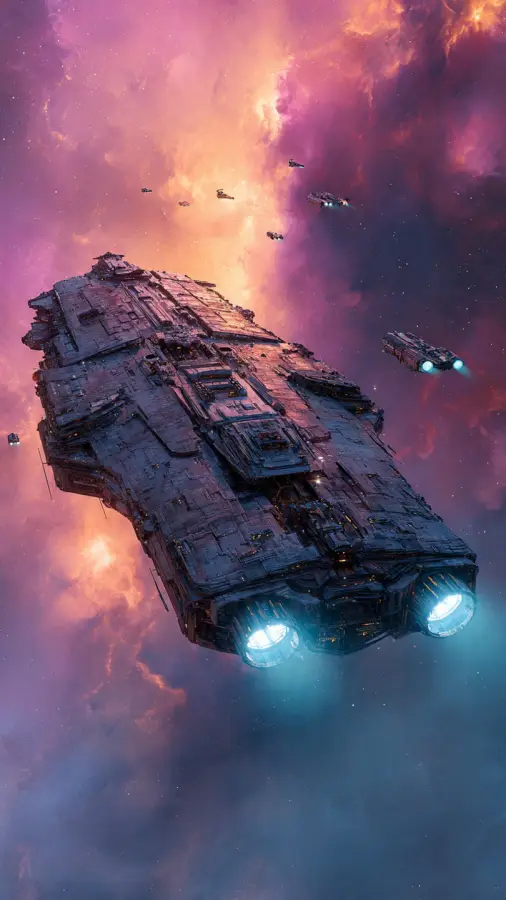 Massive Starship Fleet Through Nebula 4K wallpaper for desktop and mobile - Pixbee