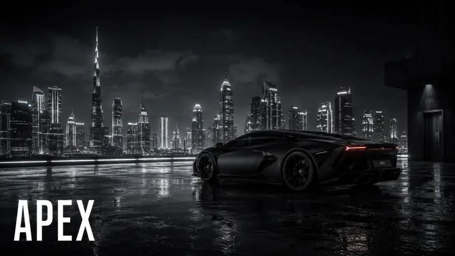 Matte Black Supercar Parked on a Wet Reflection Pad Overlooking a Night City Skyline with Apex Typography 4K wallpaper for desktop and mobile - Pixbee