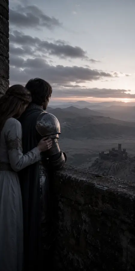 Medieval Knight Couple Overlooking Castle Sunset — ue5 phone wallpaper