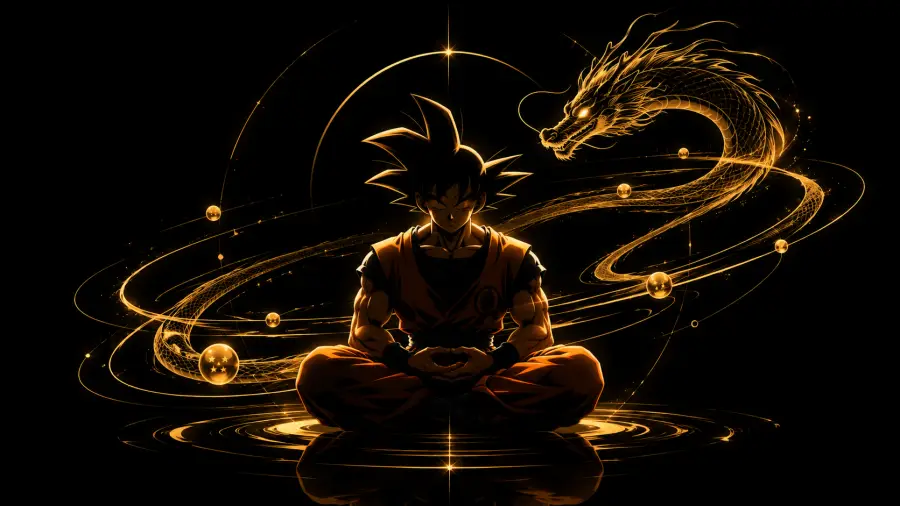 Meditating Anime Warrior with Golden Dragon and Orbs 4K wallpaper for desktop and mobile - Pixbee