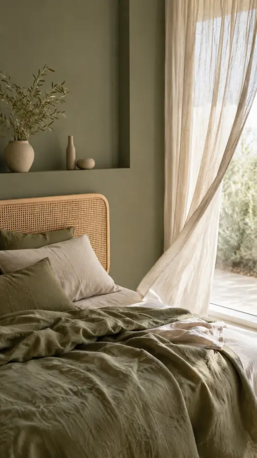 Minimalist Earthy Sage Green Aesthetic Bedroom 4K wallpaper for desktop and mobile - Pixbee