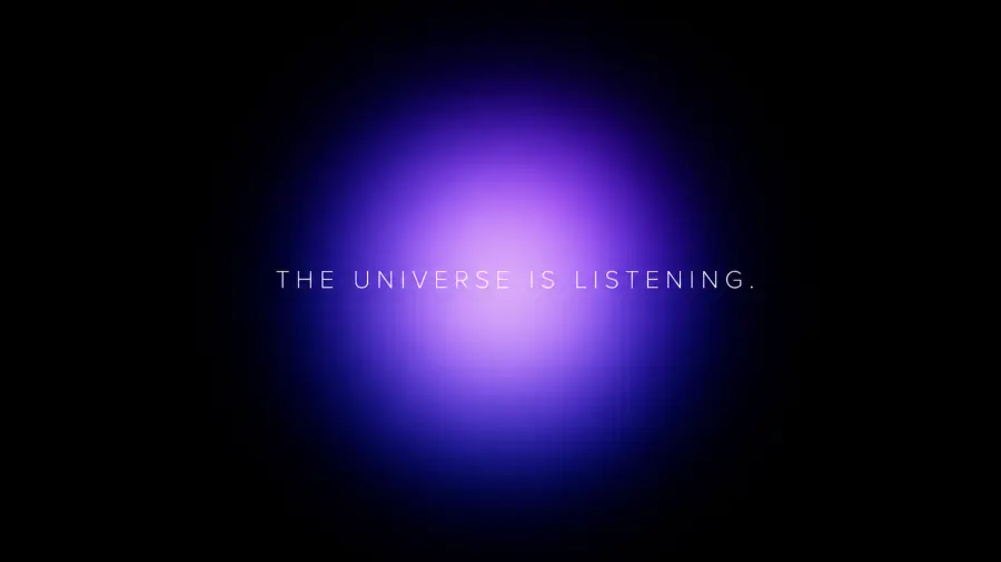 Minimalist Fine Line Typography Reading The Universe Is Listening Centered on a Deep Purple Orb Gradient 4K wallpaper for desktop and mobile - Pixbee