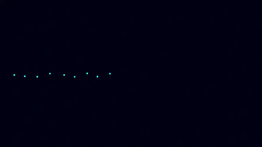 Minimalist Horizontal Row of Tiny Cyan Glowing Pixel Squares on Pure Black Backdrop 4K wallpaper for desktop and mobile - Pixbee