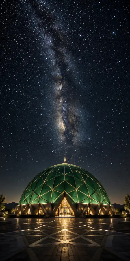 Modern Green Geometric Dome Under Milky Way — islamic wallpaper phone wallpaper