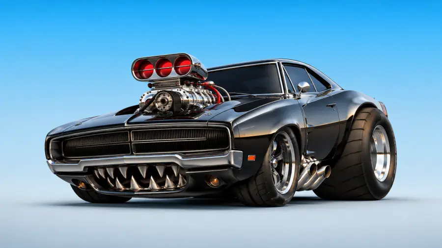 Modified Black Dodge Charger Muscle Car with Chrome Supercharger and Sharp Teeth Grille 4K wallpaper for desktop and mobile - Pixbee