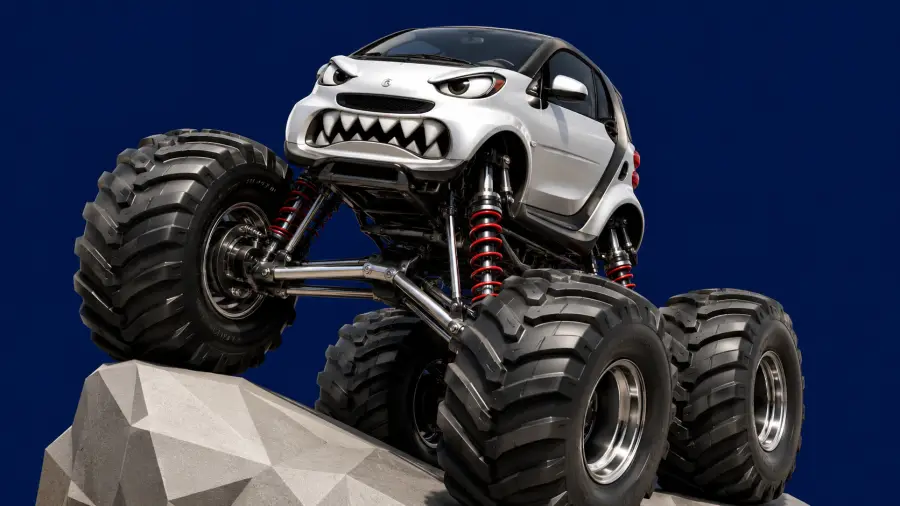 Monster Truck Smart Car Hybrid with Angry Face Grille Climbing Low Poly Rock 4K wallpaper for desktop and mobile - Pixbee