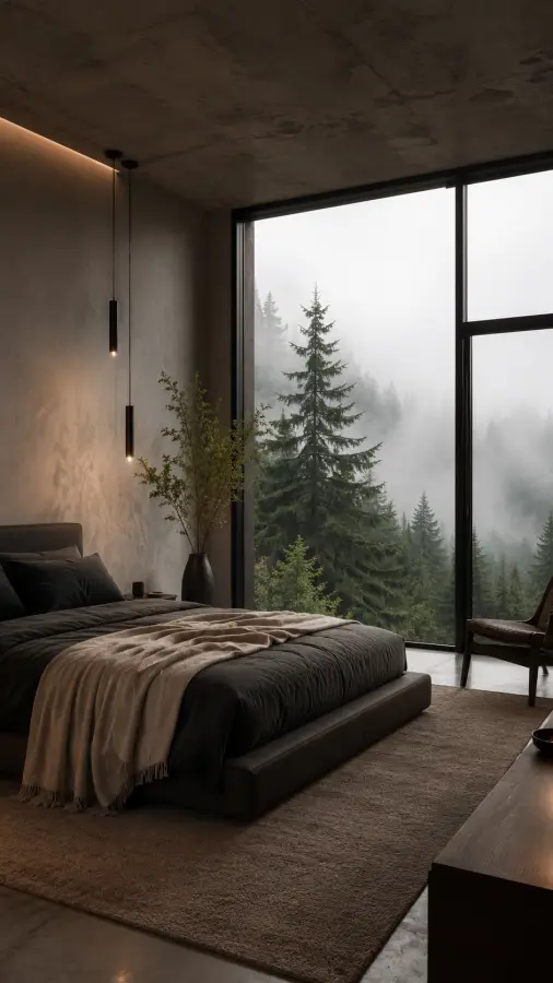 Moody Concrete Mountain Forest View Bedroom 4K wallpaper for desktop and mobile - Pixbee