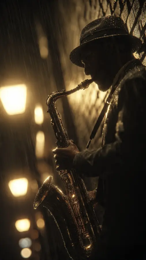 Moody Rainy Night Jazz Performer 4K wallpaper for desktop and mobile - Pixbee