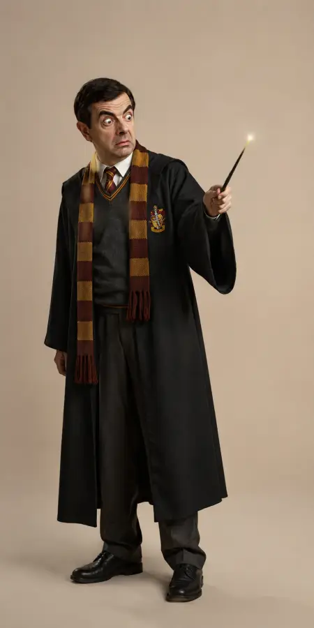 Mr Bean As Harry Potter Holding Wand — funny celebrities photos phone wallpaper