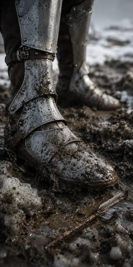 Muddy Knight Greaves Boots On Ground — ue5 phone wallpaper