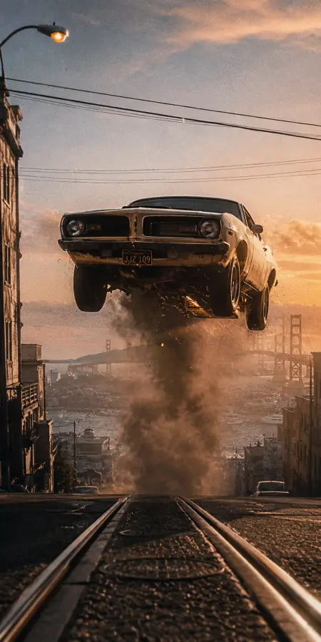 Muscle Car Jumping High Over City Street — ue5 phone wallpaper