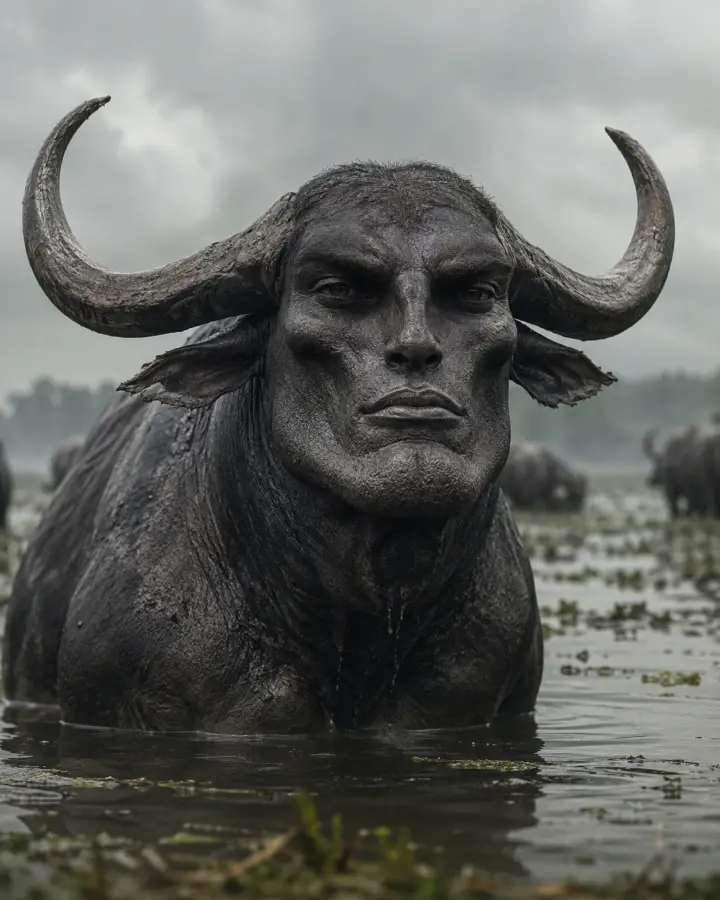 Muscular Black Water Buffalo In Water Portrait — stock images phone wallpaper
