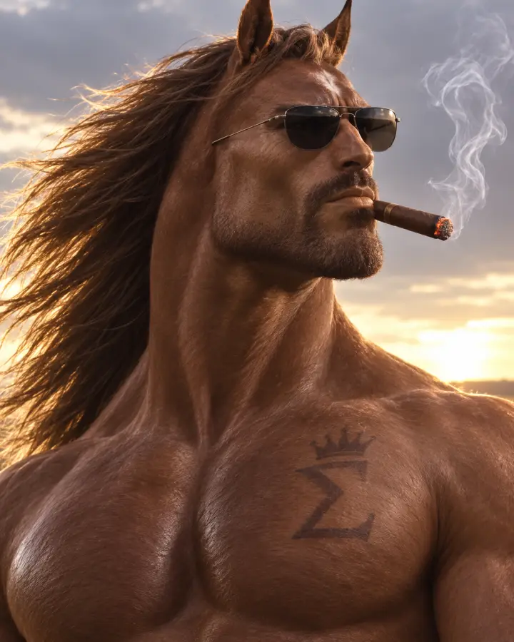 Muscular Gigachad Horse Smoking Cigar Outdoors — stock images phone wallpaper