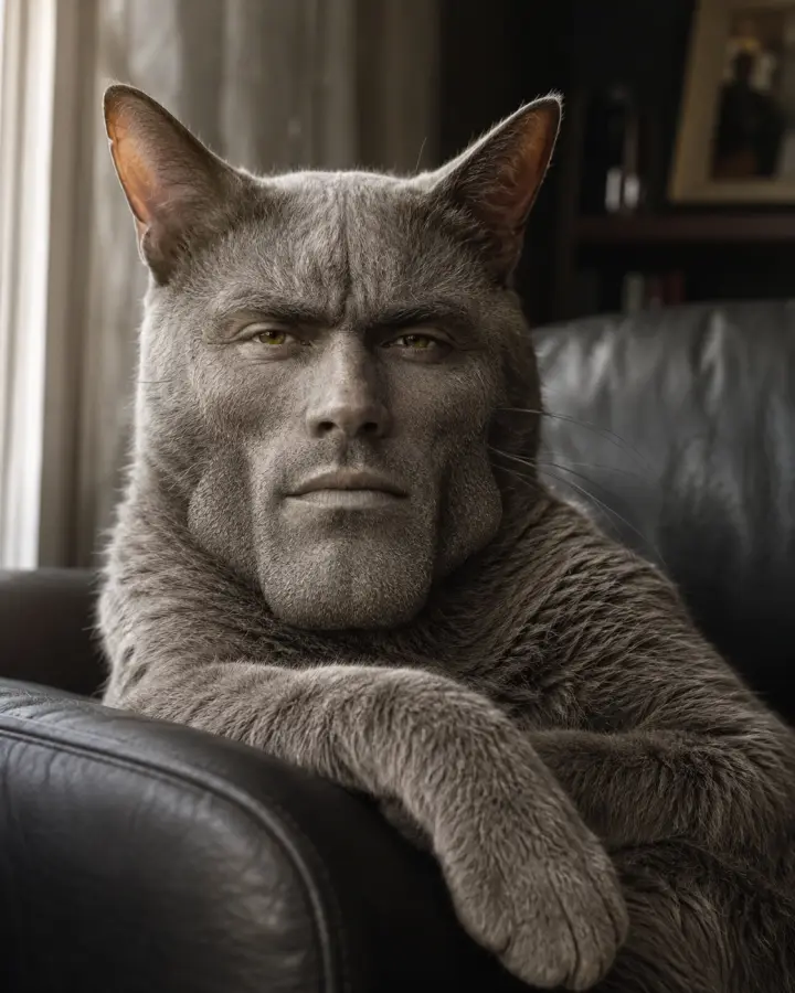 Muscular Grey Cat Sitting In Chair — stock images phone wallpaper