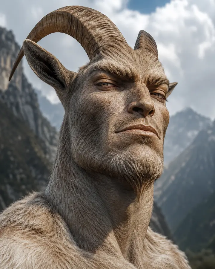 Muscular Horned Goat Gigachad In Mountain Landscape — stock images phone wallpaper