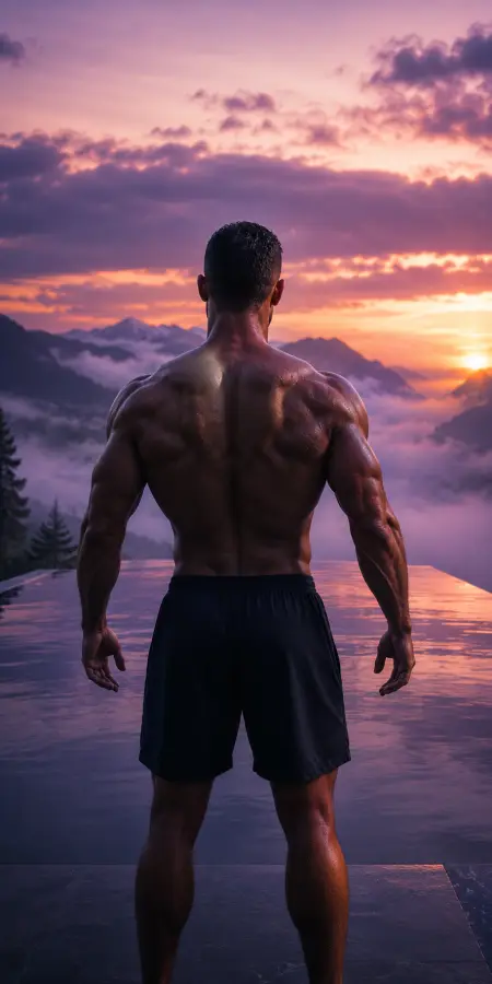 Muscular Man Back View Looking At Sunset Mountains 4K wallpaper for desktop and mobile - Pixbee