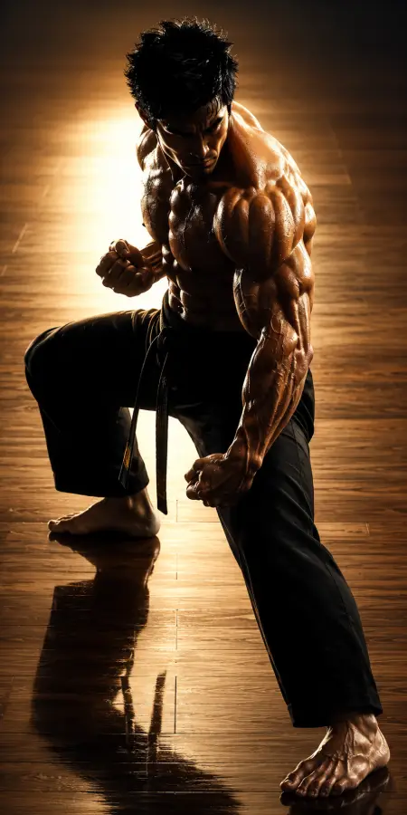 Muscular Martial Artist In Stance Pose 4K wallpaper for desktop and mobile - Pixbee