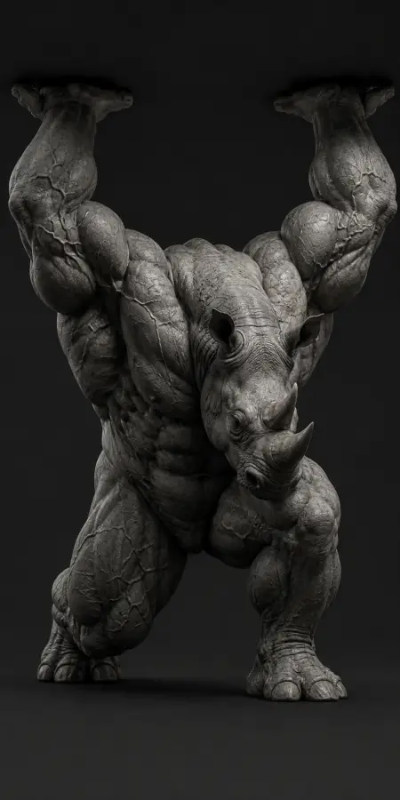 Muscular Rhino Man Pushing Giant Stone Pillar 4K wallpaper for desktop and mobile - Pixbee