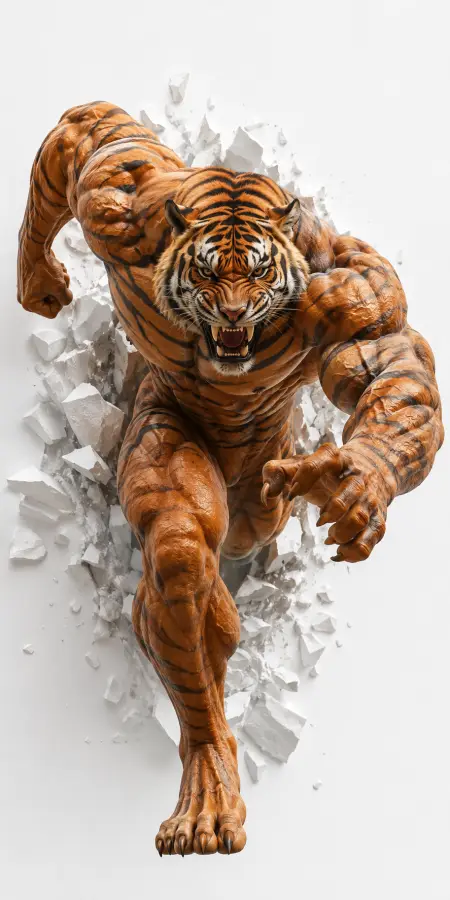 Muscular Tiger Man Bursting Through Wall Action 4K wallpaper for desktop and mobile - Pixbee