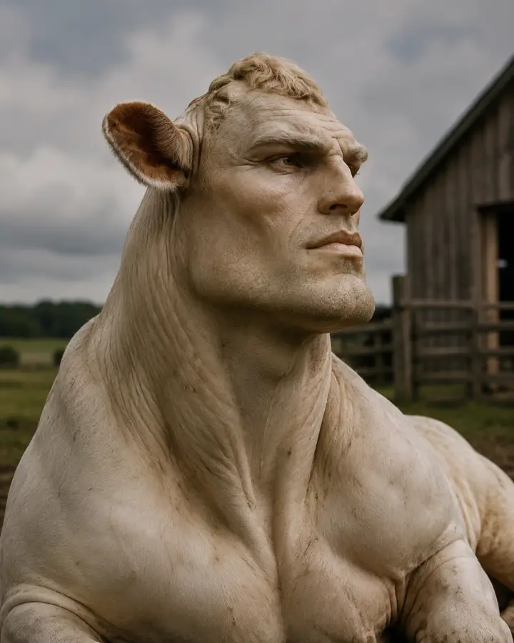 Muscular White Bull Gigachad Standing Near Barn — stock images phone wallpaper