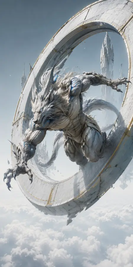 Mythical White Wolf Creature Jumping Through Floating Ring 4K wallpaper for desktop and mobile - Pixbee