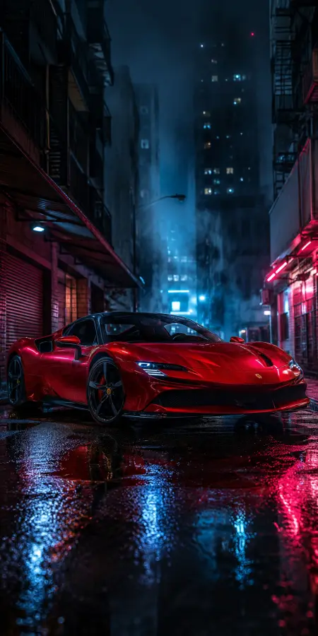 “Neon nights and Ferrari lights. 🌆🔴” 4K wallpaper for desktop and mobile - Pixbee