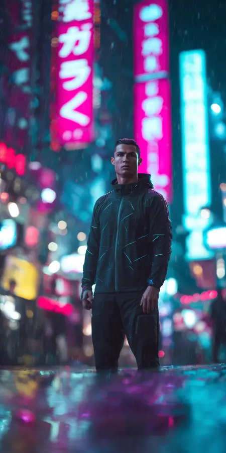 Neon Rain City Warrior - Ronaldo 4K wallpaper for desktop and mobile - Pixbee