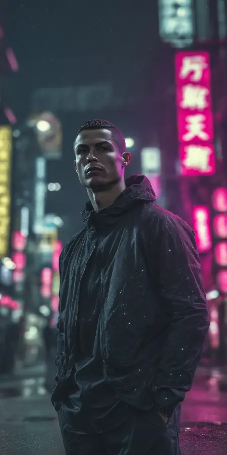 Neon Rain Street Legend - Ronaldo 4K wallpaper for desktop and mobile - Pixbee