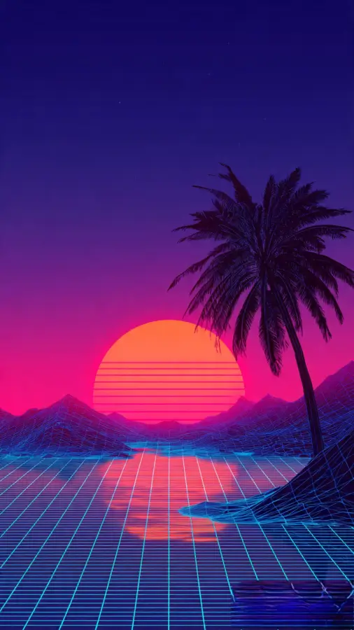 Neon Retro Sunset with Palm Silhouette 4K wallpaper for desktop and mobile - Pixbee
