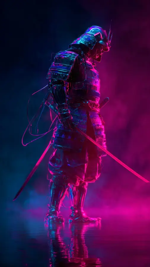 Neon Samurai Standing in Cyberpunk Glow 4K wallpaper for desktop and mobile - Pixbee