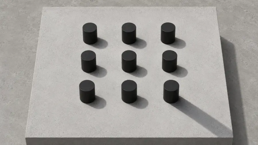 Overhead High Angle View of Nine Matte Black Cylinders Arranged in a Grid on Concrete 4K wallpaper for desktop and mobile - Pixbee