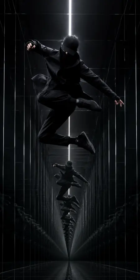 Parkour Acrobat Jumping In Infinite Mirror Hall — ue5 phone wallpaper