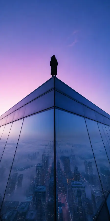 Person Standing On Skyscraper Edge Sunset — ue5 phone wallpaper