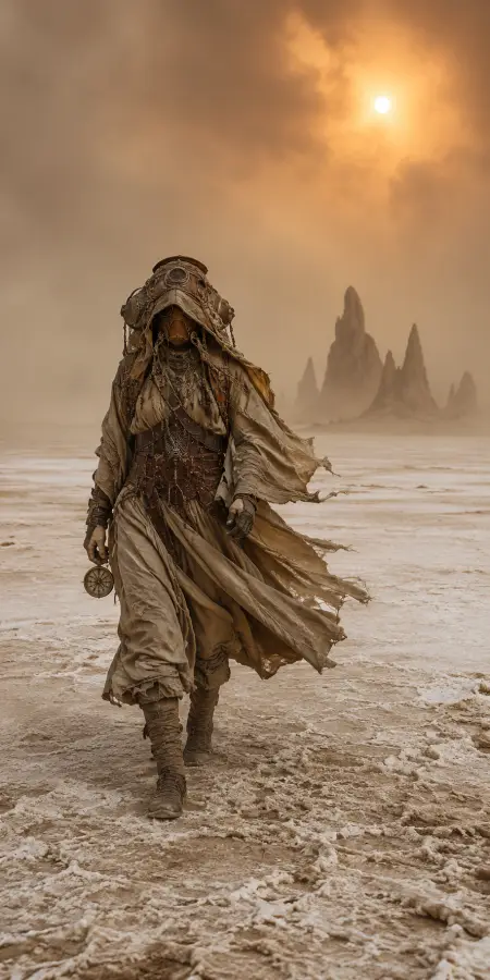 Post Apocalyptic Nomad Walking Desert Wasteland — ue5 phone wallpaper
