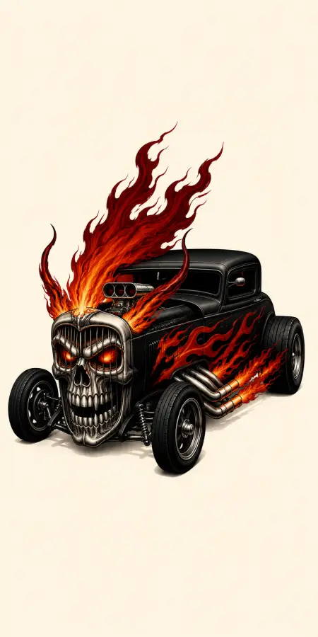 Powerful Burning Skull Hot Rod Coupe Car Graphic 4K wallpaper for desktop and mobile - Pixbee