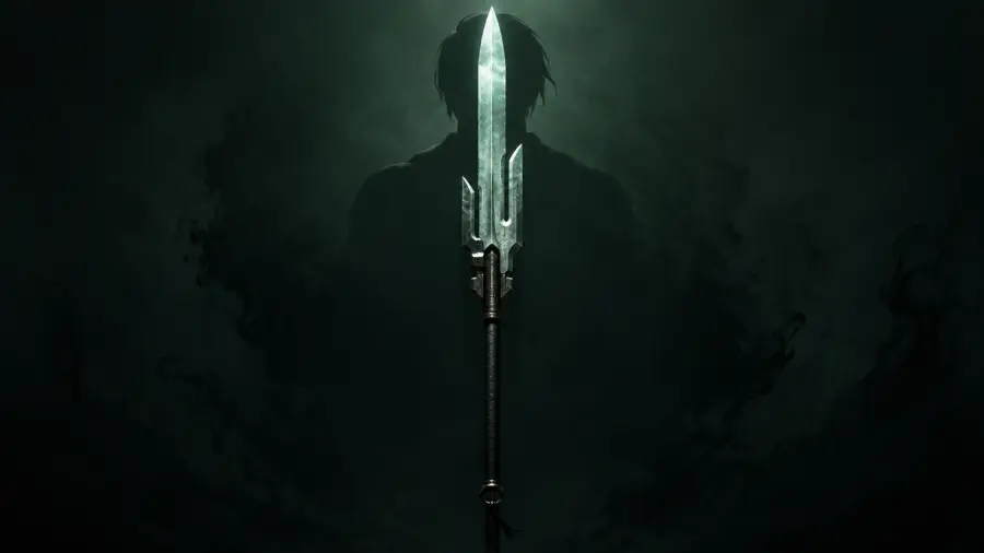 Radiant Green Energy Spear Standing Before a Dark Silhouetted Figure 4K wallpaper for desktop and mobile - Pixbee