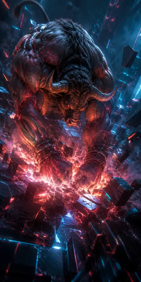 Raging Minotaur Bull Smashing Tech Cube Floor 4K wallpaper for desktop and mobile - Pixbee