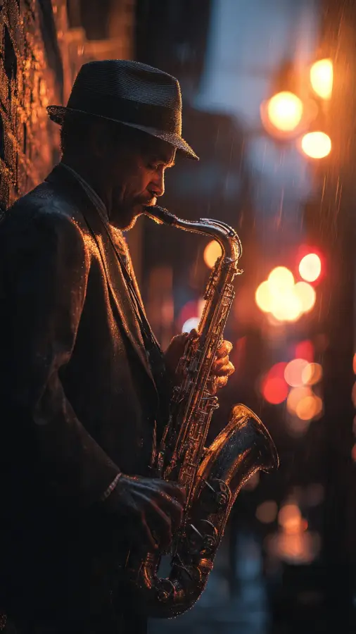Rainy Night Jazz Saxophonist 4K wallpaper for desktop and mobile - Pixbee