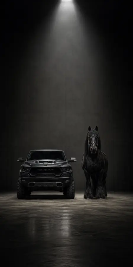 Ram Trx Truck Beside Black Horse — cars phone wallpaper