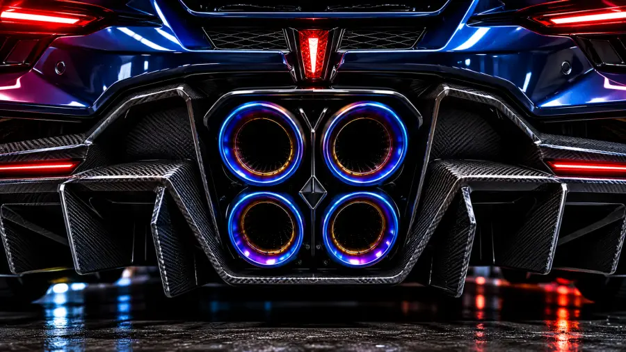 Rear View Close Up of Titanium Quad Exhaust Pipes on a Blue Supercar 4K wallpaper for desktop and mobile - Pixbee