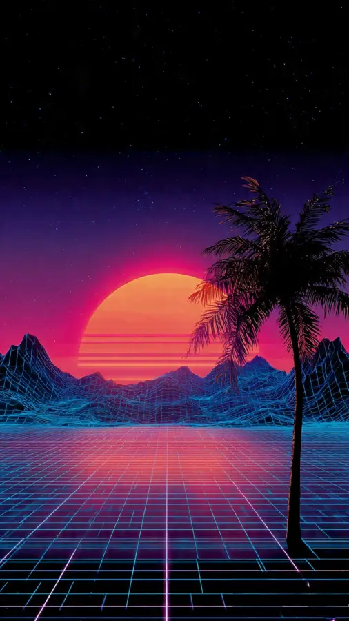 Retro Neon Sunset with Palm and Grid Landscape 4K wallpaper for desktop and mobile - Pixbee