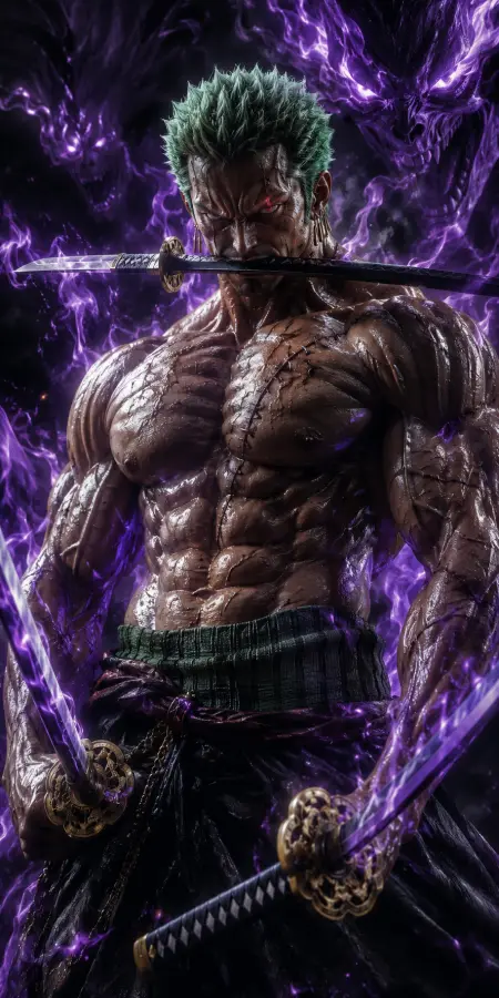 Roronoa Zoro Three Sword Style Asura Purple Demonic Aura 4K wallpaper for desktop and mobile - Pixbee