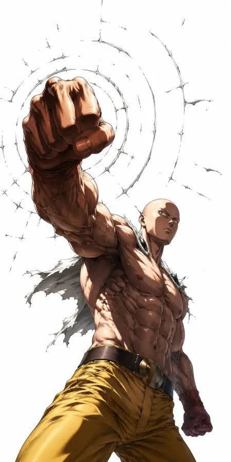 Saitama Front View Giant Forward Fist Strike 4K wallpaper for desktop and mobile - Pixbee