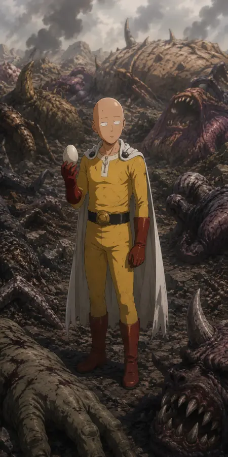 Saitama Holding Egg In Monster Wasteland — ue5 phone wallpaper