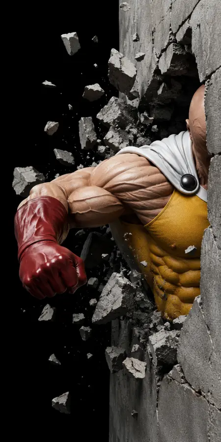 Saitama Massive Wall Break Red Fist Punch 4K wallpaper for desktop and mobile - Pixbee