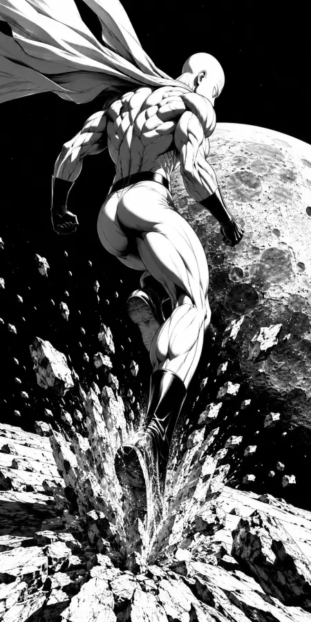 Saitama Muscular Back View Powerful Leap Towards Moon 4K wallpaper for desktop and mobile - Pixbee