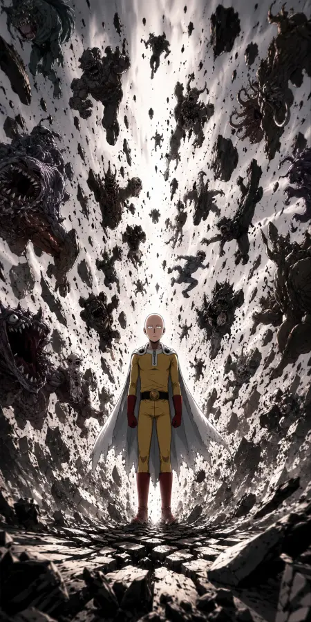 Saitama Standing Amidst Falling Monster Swarm — ue5 phone wallpaper